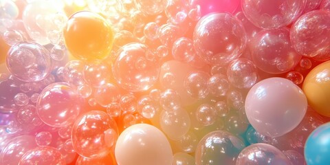Poster - A vibrant and whimsical abstract backdrop featuring an array of iridescent bubbles in various sizes and hues, bathed in soft, glowing light.