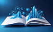 © Miklos - A blue city rises from the pages of an open book, surrounded by intricate digital symbols and swirling lines