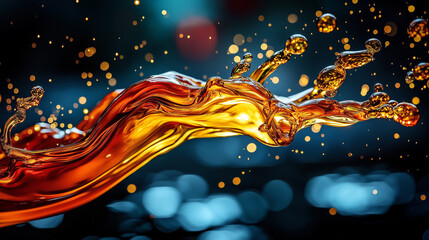 Vibrant splash of liquid gold against a bokeh background