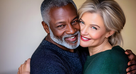 A senior African man and Caucasian woman hug warmly at home, capturing a moment of pure love and connection.