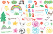 © Kim Phuong Art - Crayon fun cute kid colorful doodle set badge, scribble line flower, heart. rainbow background. Hand drawn doodle sketch childish element set. numbers, heart, cloud children draw style design elements