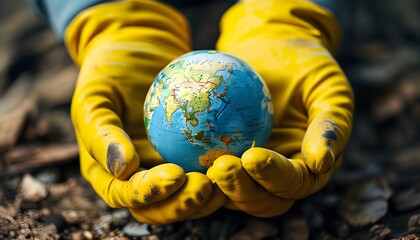 Sticker - Caring hands in yellow gloves cradle a small Earth globe, symbolizing the urgency of addressing pollution and promoting environmental protection and cleanliness.