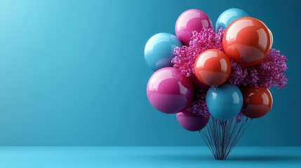 Poster - A cluster of vibrant balloons with a captivating arrangement of pink flowers, floating against a serene blue backdrop