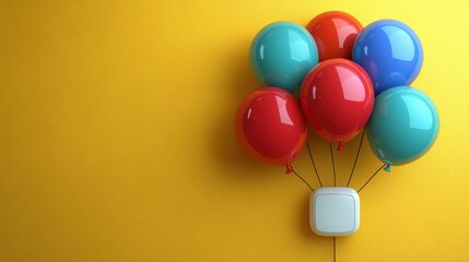 Poster - A white square shape lifts off the ground as it is tied to six balloons in various shades of red and blue on a yellow background