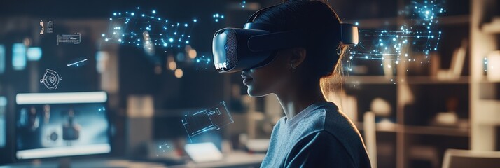 Aufkleber - A virtual reality designer creates immersive experiences in a modern studio with floating 3D objects and a VR headset. Generative AI