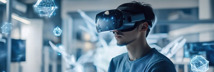 Poster - A virtual reality designer works in a modern studio surrounded by floating 3D objects while wearing a VR headset. Generative AI