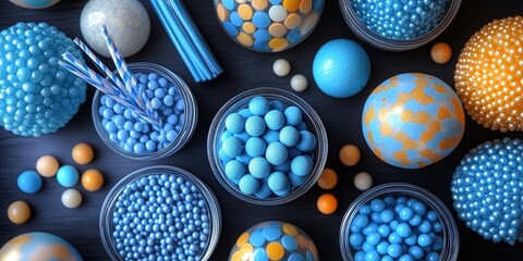 Poster - A Collection of Blue and Yellow Spheres and Candy in Jars on a Dark Surface