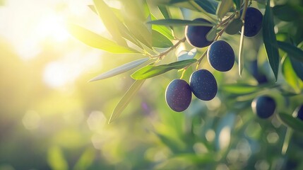 Wall Mural - Fresh ripe olives hanging from a branch in soft sunlight.