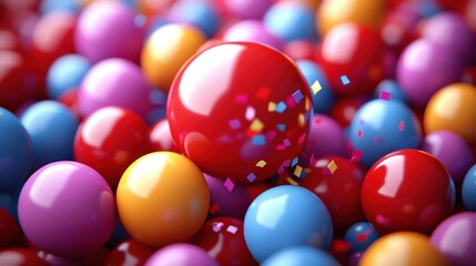 Poster - A vibrant collection of shiny spheres in red, orange, blue, and purple, with confetti fluttering around them, creating a playful and celebratory atmosphere.