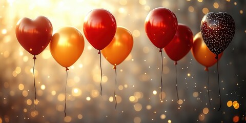 Poster - A cluster of red, gold and black heart shaped balloons floating against a backdrop of shimmering golden lights.