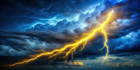 Electrifying yellow lightning bolt zooms diagonally across a dark blue stormy sky, illuminating clouds with a bright flash, conveying energy, power, and intense natural phenomenon.