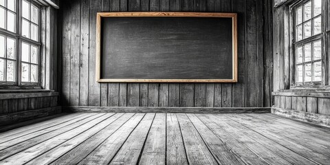 Aufkleber - A simple rustic room with a chalkboard, wooden walls and floor, and windows with worn frames.