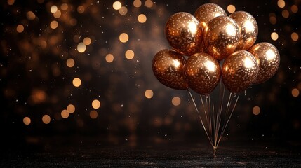 Aufkleber - A cluster of golden balloons with confetti patterns floats against a dark background with shimmering golden bokeh lights.