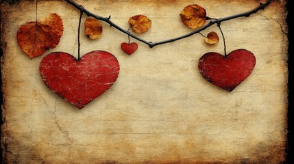 Poster - A rustic background with a twig and autumn leaves, adorned with heart-shaped ornaments, a symbol of love and nature's beauty