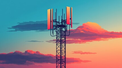 Aufkleber - Flat vector art of a 5G telecom tower, highlighting the power of modern communication and wireless connectivity.