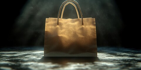 Poster - A Brown Paper Bag Stands Tall in a Beam of Light Against a Dark Background