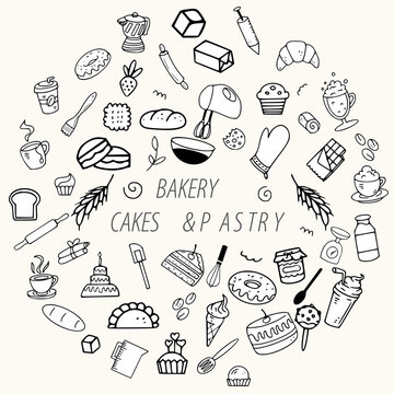 Bakery cakes and pastry line art hand drawn element baking illustration cakes pastry bread muffins cooking tools clipart
