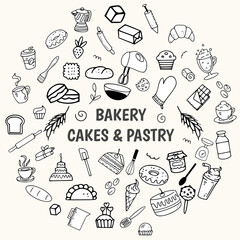 Bakery cakes and pastry line art hand drawn element baking illustration cakes pastry bread muffins cooking tools clipart
