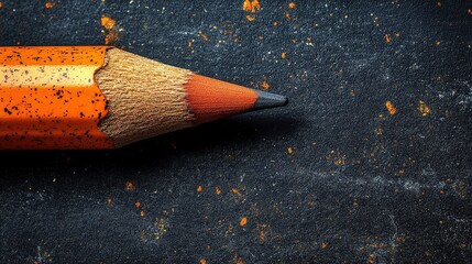 Aufkleber - A well-used orange pencil with a graphite tip lying on a textured surface with scattered remnants of orange and white particles