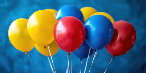 Poster - A cluster of colorful balloons, filled with helium, floats against a backdrop of vibrant blue, a visual representation of joy and celebration.