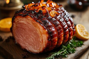 Delicious ham served with garnish on wooden table, closeup - generative ai