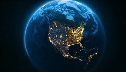 Wall Mural - earth at night, view of city lights in united states from space. usa on world map on global satellit