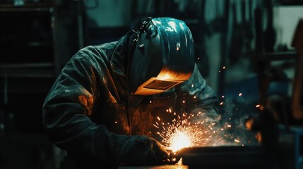 Poster - Focused on the task, an aluminum welder joins metal parts, glowing sparks illuminating the work area.