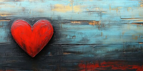 Poster - A solitary red heart painted on a blue, textured wooden surface, hinting at love and memories.