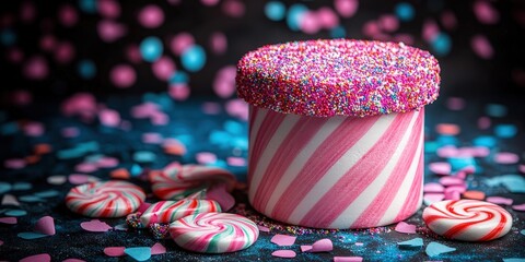 Fototapete - A pink and white striped cylinder covered in colorful sprinkles rests on a bed of confetti, surrounded by vibrant candy swirls.