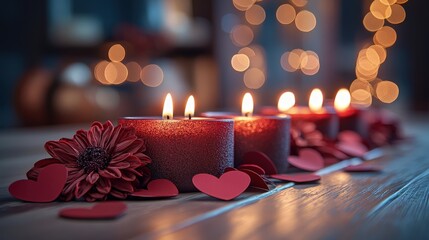 Poster - Red candles and a flower with a soft glow surrounded by scattered hearts on a wooden table with a blurry background of twinkling lights.