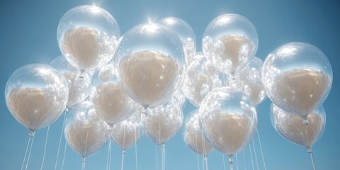 Poster - A cluster of silver balloons float in the air, their reflective surfaces catching the sunlight, creating a mesmerizing spectacle.