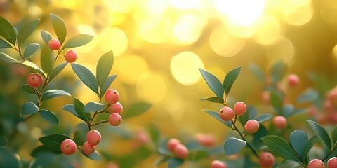 Poster - A delicate cluster of pink berries nestled amidst lush green leaves, bathed in the warm glow of a golden afternoon sun