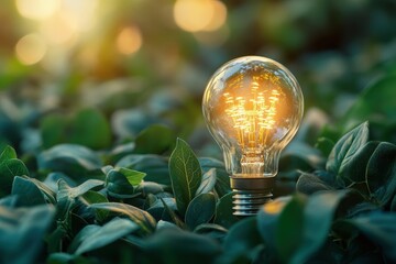 Illuminated Light Bulb in Lush Greenery at Sunset Symbolizing Innovation and Sustainable Energy Concepts