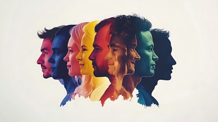 Poster - A row of seven diverse people in profile, each with a different color.