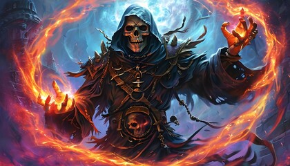 Sinister lich skeleton conjuring fiery magic in a realm of enchanted towers and mystical shadows