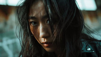 Close-up portrait of a young woman with intense eyes and tousled hair, in dramatic lighting, creating a moody, mysterious vibe with an edgy and raw urban backdrop