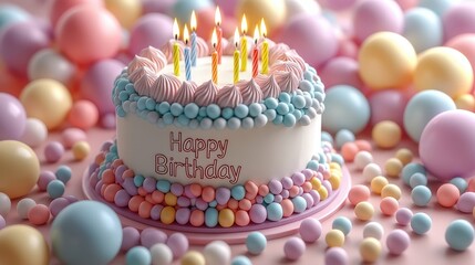 Aufkleber - A celebratory birthday cake adorned with pastel-colored frosting and surrounded by colorful balloons, creating a whimsical and festive atmosphere.