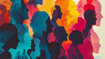 Poster - A diverse crowd of people silhouetted with abstract watercolor backgrounds.