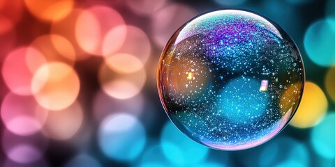 Poster - A shimmering orb of iridescent blue and purple, suspended against a backdrop of warm and cool bokeh, reflecting the magic of light and depth.