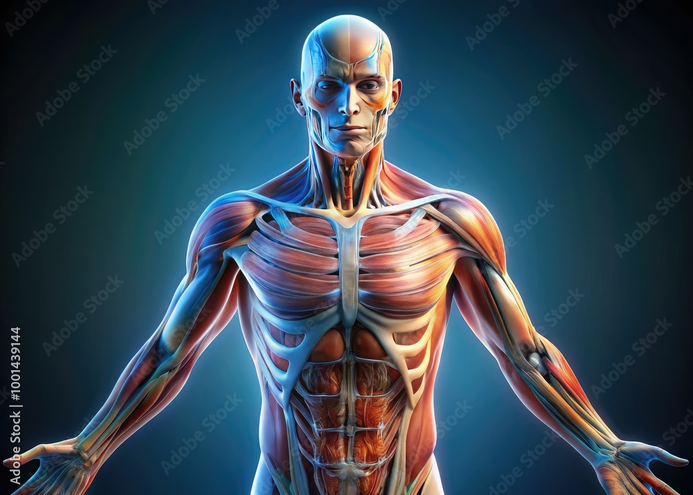 Illuminated 3D human figure with detailed anatomical labels ...