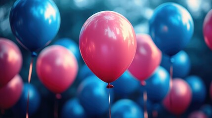 Aufkleber - A single pink balloon floats above a sea of blue and pink balloons, reflecting the sky and creating a vibrant visual celebration.