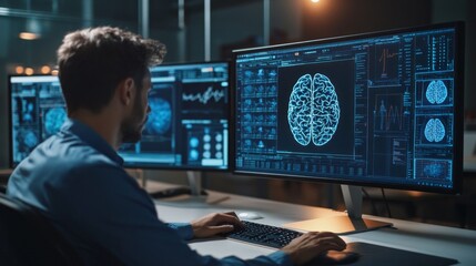 Poster - A man is sitting in front of two computer monitors