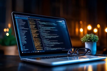 Fototapete - Cybersecurity software update, as developers write code to enhance encryption protocols, displayed on a laptop screen