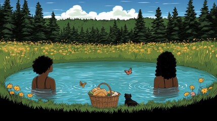 Two women enjoy a peaceful afternoon swimming in a lake surrounded by lush green trees and a field of wildflowers.