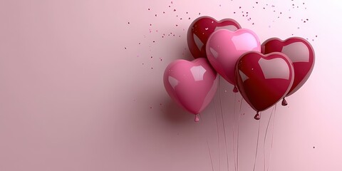 Poster - A cluster of heart-shaped balloons in pink and red shades float against a soft pastel background, creating a festive and romantic atmosphere.