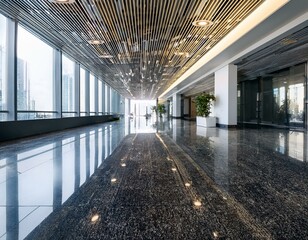 Marble floor of luxury lobby of company or hotel. Panorama of cleaned washed floor in corporate hallway. Shiny floor with reflections after professional cleaning. Care service of office interior.