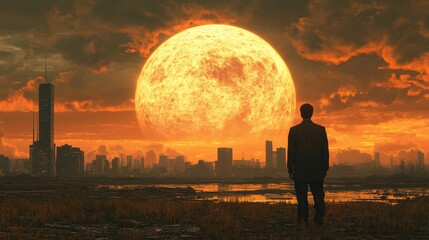 Wall Mural - A man stands in a field looking at a large orange moon