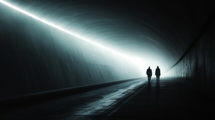 Wall Mural - Two people walking down a dark tunnel