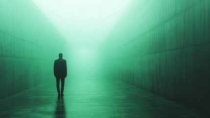 Wall Mural - A man walks down a long, narrow hallway with a green wall