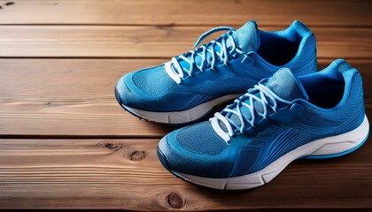 Pair of blue running shoes laid on a wooden floor background